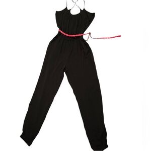 Elegant Black Jumpsuit with Pink Belt